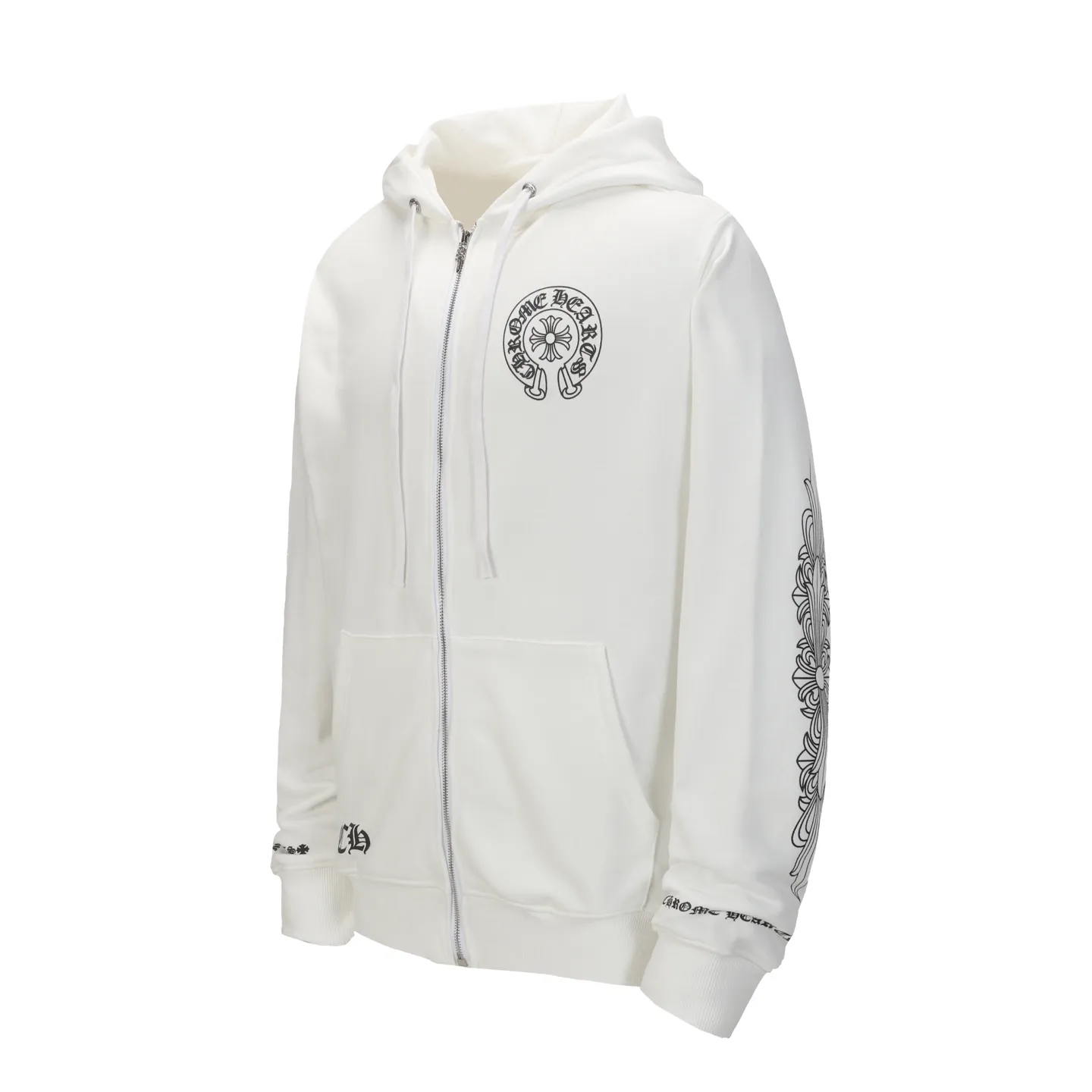 Q7—P230 -Chrome Hearts/Chrome Hearts printed zipper sweatshirt cardigan jacket -420 grams of high-density, high-quality wool, soft, delicate and skin-friendly, soft and silky to the touch, warm and skin-friendly -The hardware zipper accessories are all customized and full of details -Colour: black white -Size: S M L XL
